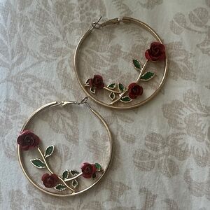 Gold Hoop Earrings with Red Rose & Green Leaves